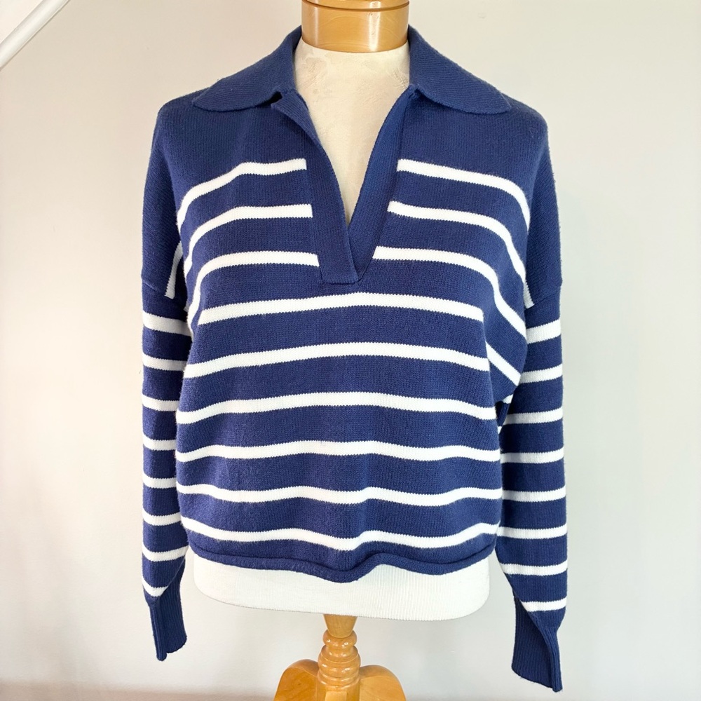 Kerri Rosenthal Womens Radiant Heart Polo Sweater Blue White Striped NWT Size XS - Picture 2 of 9